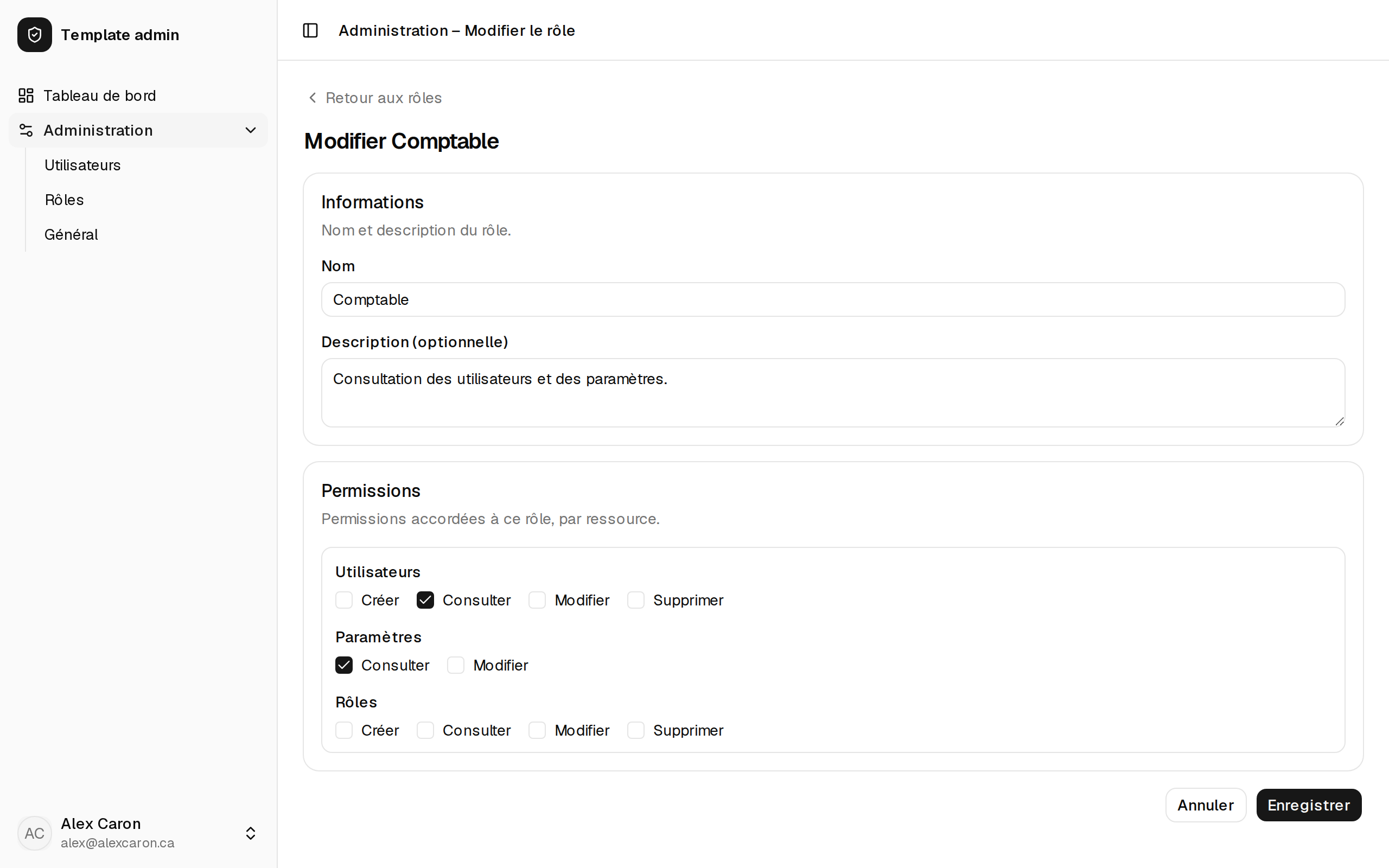 Matrice de permissions d’un rôle